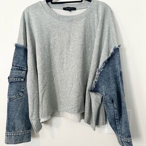 Gray Sweatshirt with Denim Sleeves